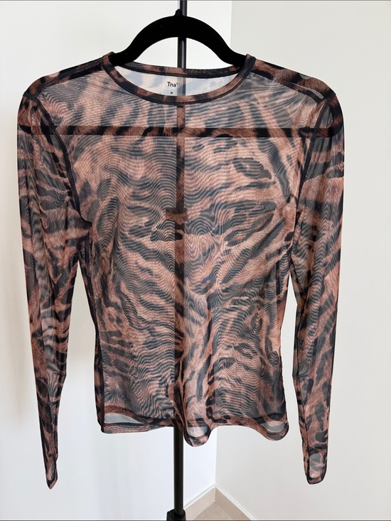 TNA Tops - TNA Sheer Animal-Print Long Sleeve Top in Brown and Black
